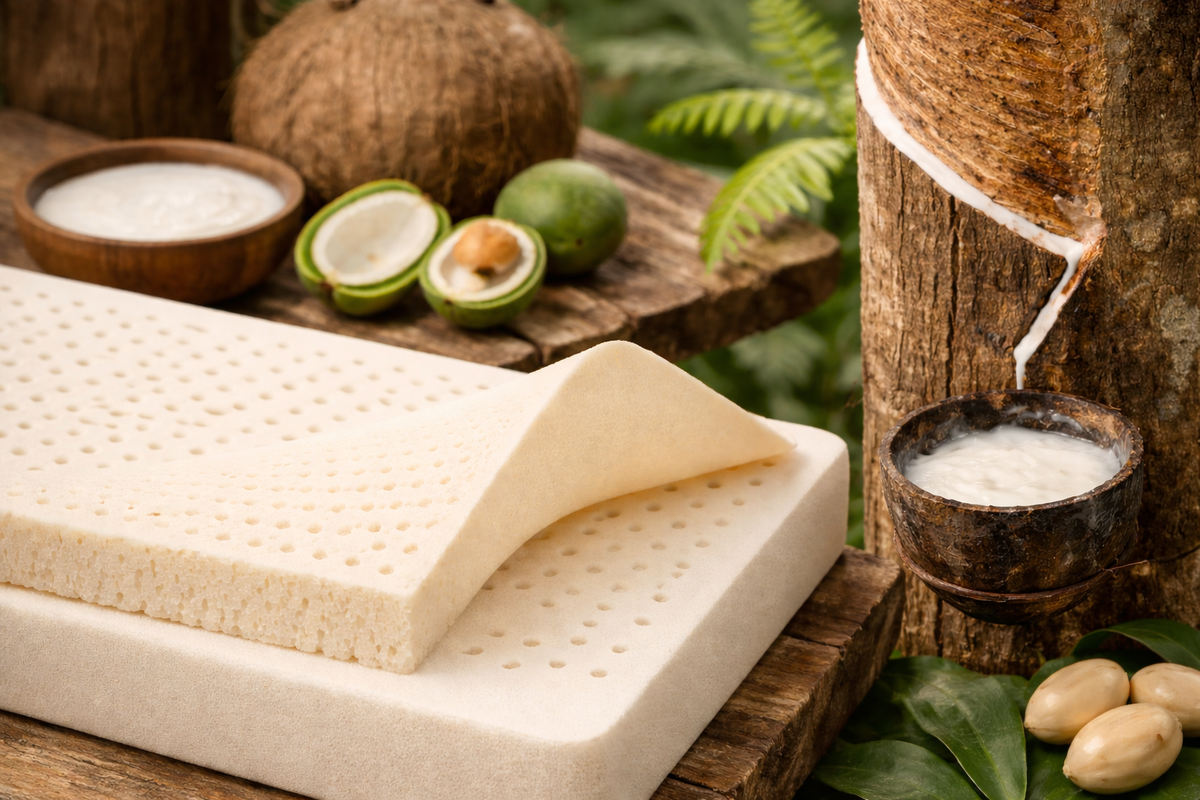 A sheet of natural latex with rubber tree sap, coconut and tropical leaves