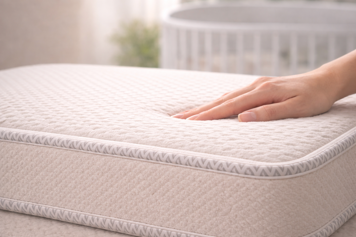 A hand pressing the surface of a firm baby mattress