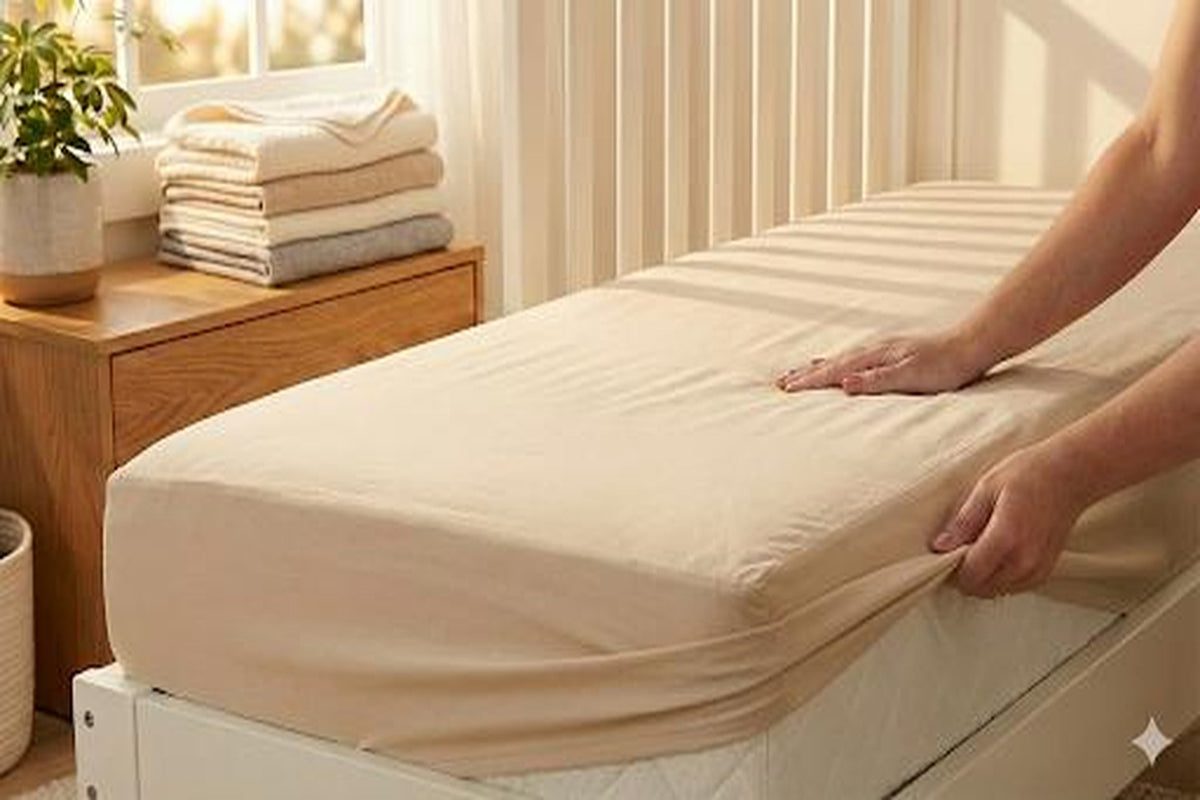 Hands fitting a protector over a mattress on a cot base