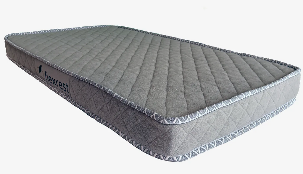 Flexrest Nurture reversible natural latex baby mattress, grey quilted cover with woven piping and the Flexrest label